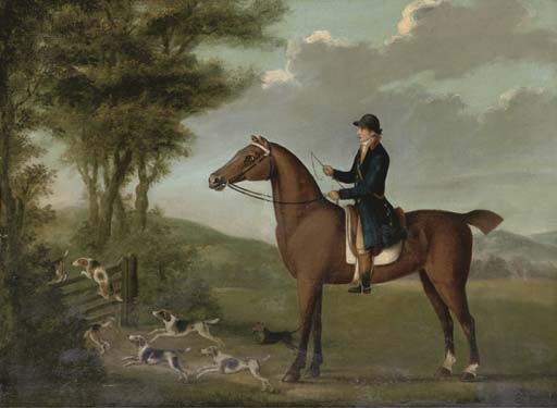 Wikioo.org - The Encyclopedia of Fine Arts - Painting, Artwork by John Nost Sartorius - A Huntsman On His Hunter In An Extensive Landscape, With Hounds Jumping A Gate