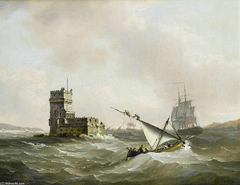 WikiOO.org - Encyclopedia of Fine Arts - Schilderen, Artwork John Thomas Serres - An English Frigate In Choppy Waters In The Tagus Passing The Belem Tower