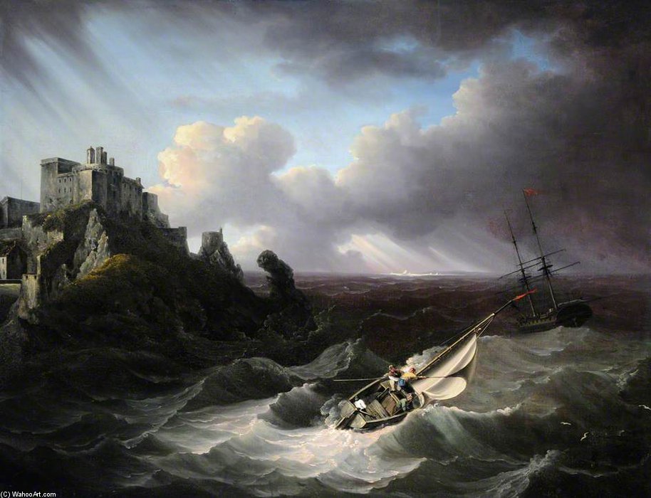 Wikioo.org - The Encyclopedia of Fine Arts - Painting, Artwork by John Thomas Serres - Man O' War Off Mont Orgueil Castle