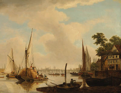 Wikioo.org - The Encyclopedia of Fine Arts - Painting, Artwork by John Thomas Serres - View Of London Bridge With A Hay Barge In The Foreground