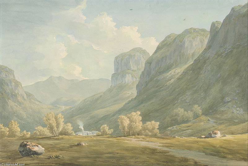 Wikioo.org - The Encyclopedia of Fine Arts - Painting, Artwork by John Warwick Smith - Village Of Stonethwaite And Eagle Cragg, Borrowdale