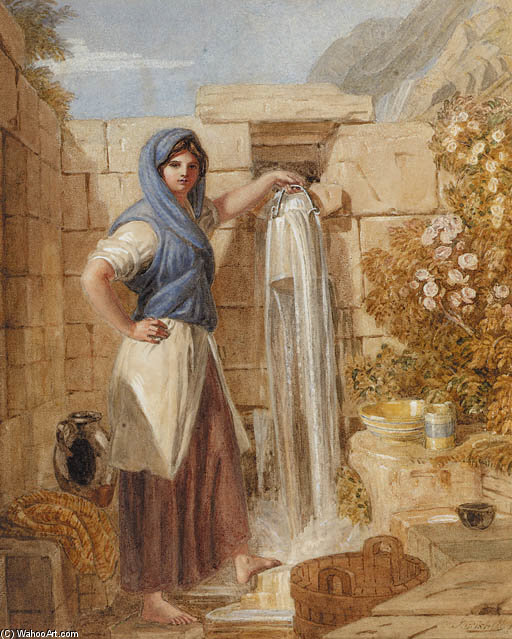Wikioo.org - The Encyclopedia of Fine Arts - Painting, Artwork by Joshua Cristall - A Welsh Girl At A Fountain, Barmouth, Wales