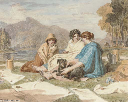 Wikioo.org - The Encyclopedia of Fine Arts - Painting, Artwork by Joshua Cristall - Washerwomen Resting By A Lake