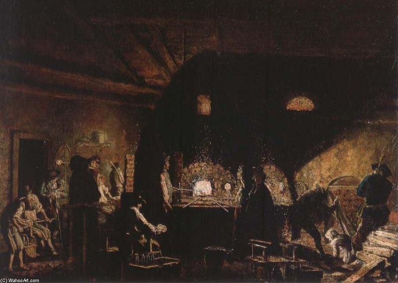 WikiOO.org - Encyclopedia of Fine Arts - Maľba, Artwork Pehr Hillestrom - Interior From The Kungsholmen Glassworks In Stockholm