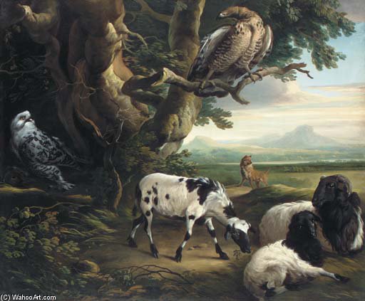 Wikioo.org – L'Encyclopédie des Beaux Arts - Peinture, Oeuvre de George Philip Reinagle - oiseaux de proie , Chèvres et un Loup , idans un paysage