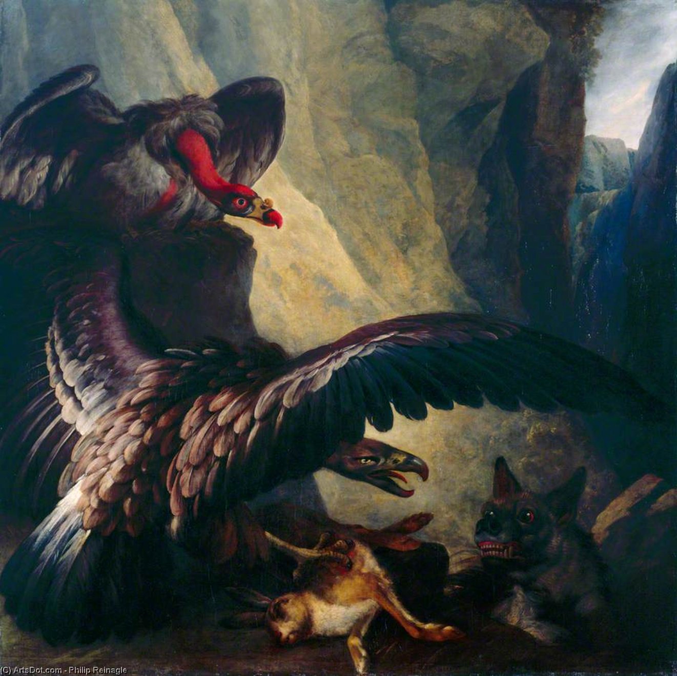 Wikioo.org – La Enciclopedia de las Bellas Artes - Pintura, Obras de arte de George Philip Reinagle - águila y buitre en litigio con un Hiena