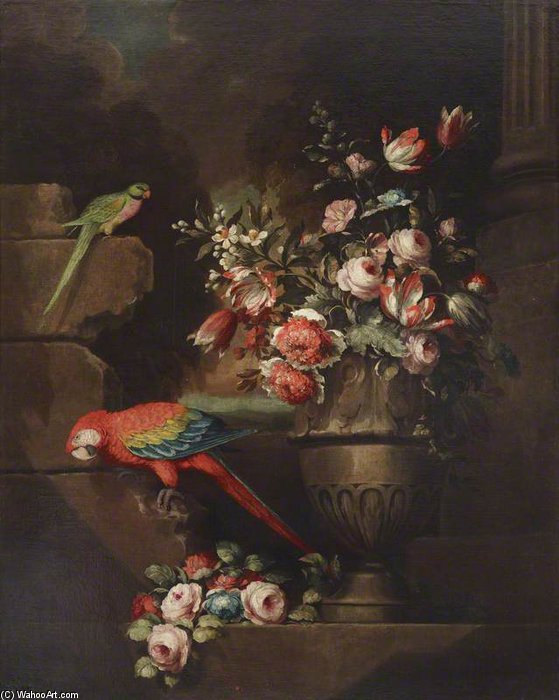 Wikioo.org - The Encyclopedia of Fine Arts - Painting, Artwork by George Philip Reinagle - Still Life With Flowers In An Urn And Two Parrots