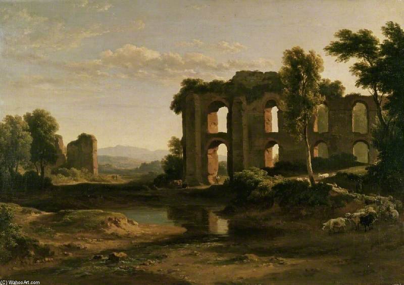 WikiOO.org - Encyclopedia of Fine Arts - Maalaus, taideteos Ramsay Richard Reinagle - Landscape Near Tivoli, With Part Of The Claudian Aqueduct