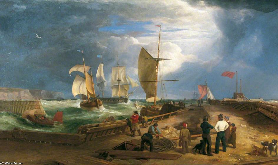 WikiOO.org - Εγκυκλοπαίδεια Καλών Τεχνών - Ζωγραφική, έργα τέχνης Ramsay Richard Reinagle - View Of Dover Pier