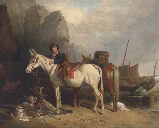 Wikioo.org - The Encyclopedia of Fine Arts - Painting, Artwork by Richard Westall - Figures On A Beach, With Ponies And Fishing Boats