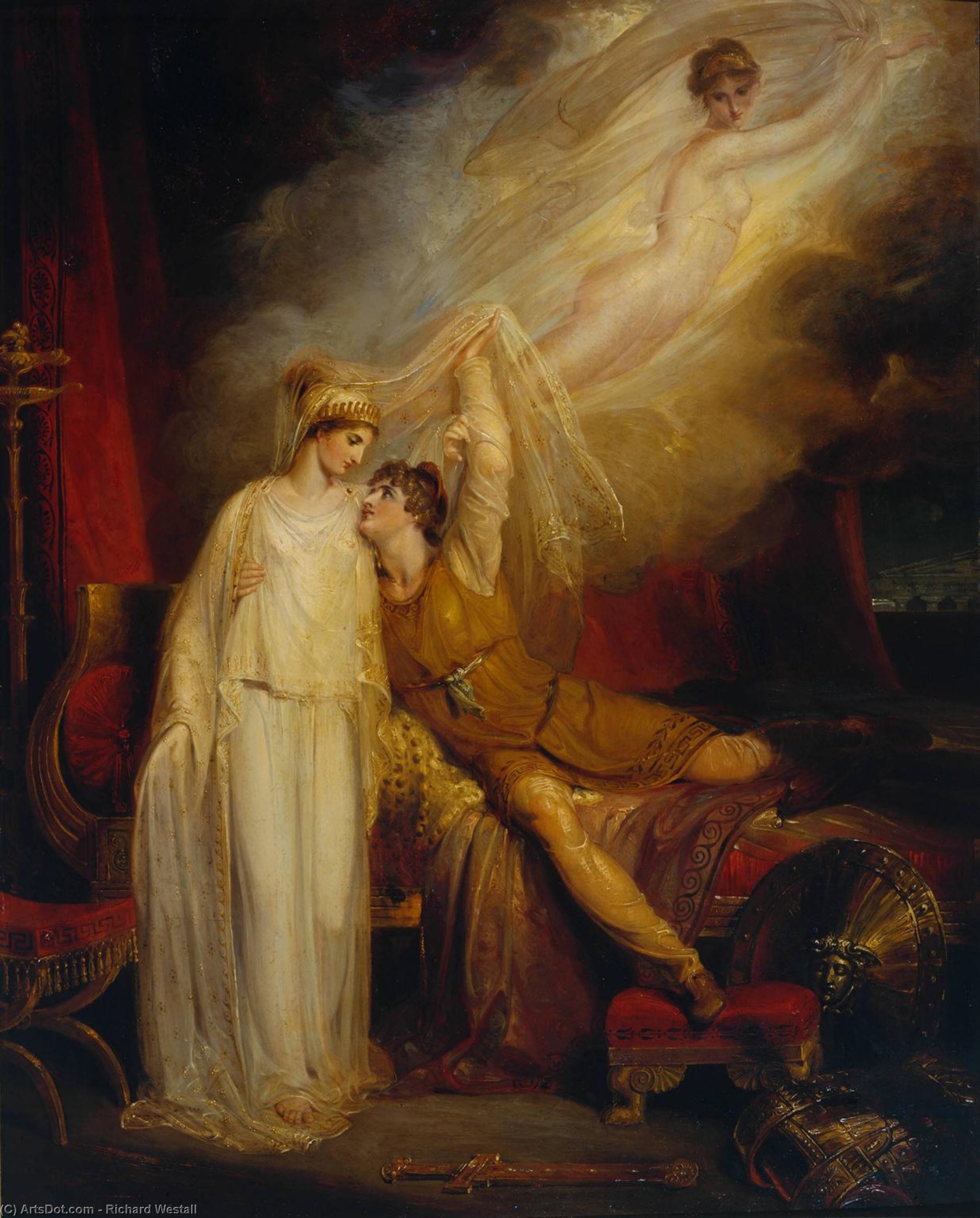 Wikioo.org - สารานุกรมวิจิตรศิลป์ - จิตรกรรม Richard Westall - The Reconciliation Of Helen And Paris After His Defeat By Menelaus
