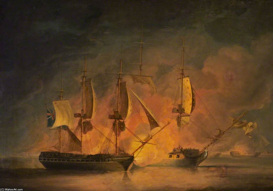 Wikioo.org - The Encyclopedia of Fine Arts - Painting, Artwork by Robert Dodd - Action At Sea - An English And A French Frigate Engaging