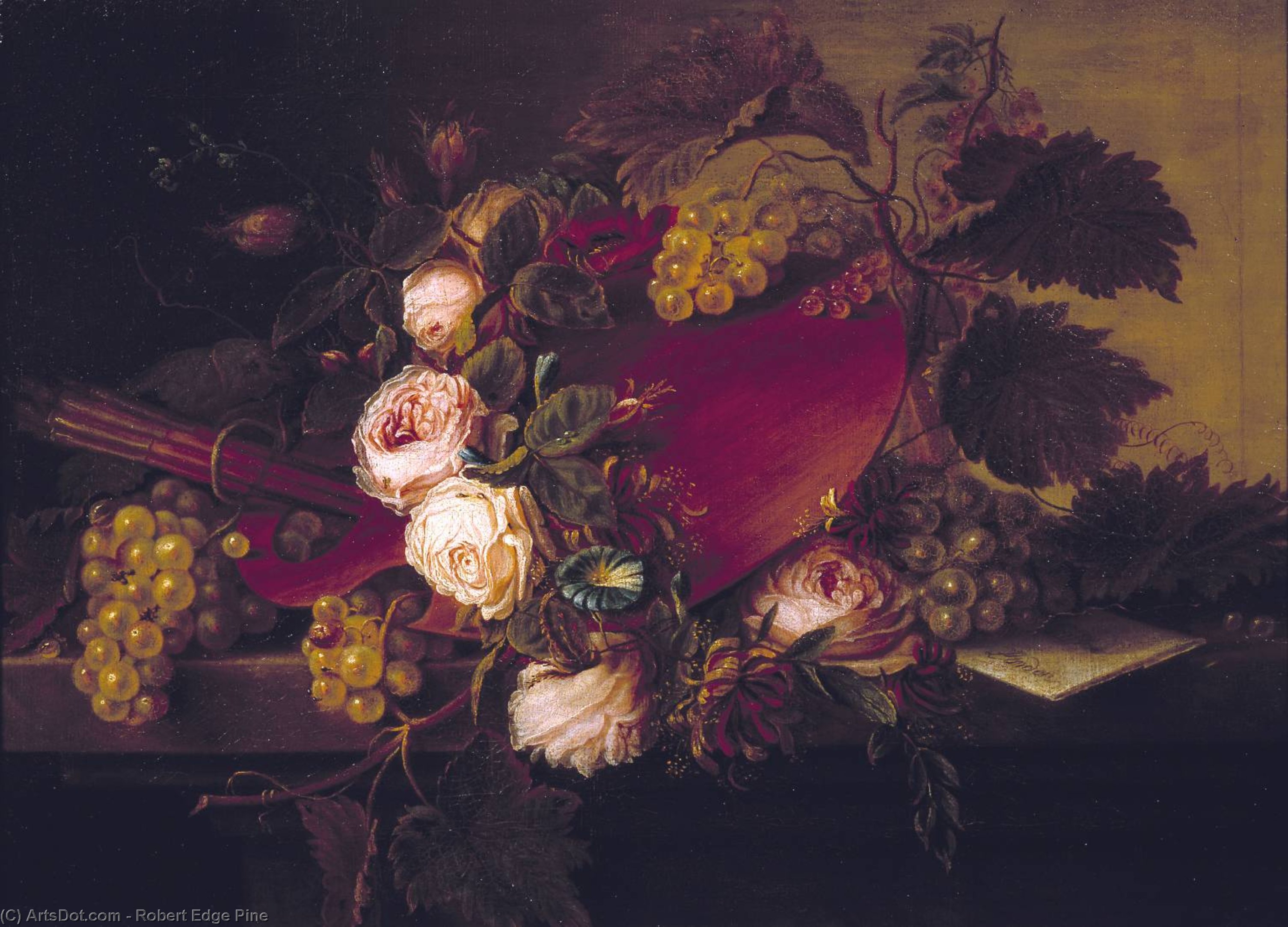WikiOO.org – 美術百科全書 - 繪畫，作品 Robert Edge Pine - 静物  与  调色板 和刷子 ,  水果  和 花儿