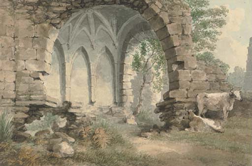 Wikioo.org - The Encyclopedia of Fine Arts - Painting, Artwork by Samuel Howitt - Cattle Grazing By Easby Abbey, Yorkshire