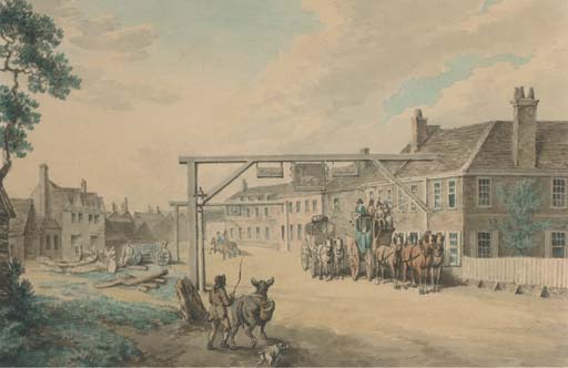 Wikioo.org - The Encyclopedia of Fine Arts - Painting, Artwork by Samuel Howitt - Coaches And Horses Before The White Hart Inn
