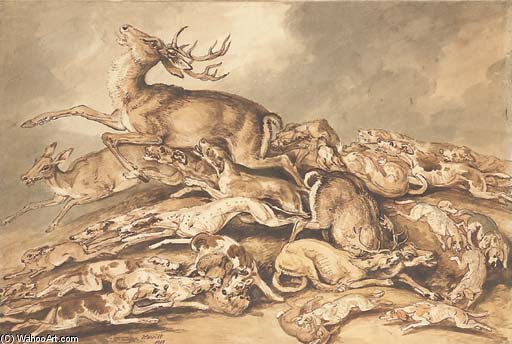 Wikioo.org - The Encyclopedia of Fine Arts - Painting, Artwork by Samuel Howitt - Deer Hunting Dogs And Rabbits