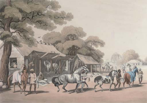 Wikioo.org - The Encyclopedia of Fine Arts - Painting, Artwork by Samuel Howitt - Sices, Or Grooms, Leading Out Horses; A Tiger Prowling Through A Village