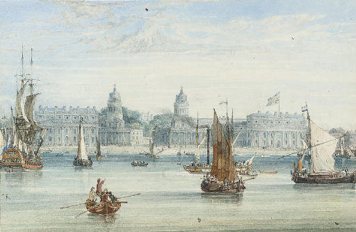 WikiOO.org - Encyclopedia of Fine Arts - Lukisan, Artwork Samuel Owen - A Frigate, An Excursion Steamer And Barges On The Thames Before Greenwich Hospital