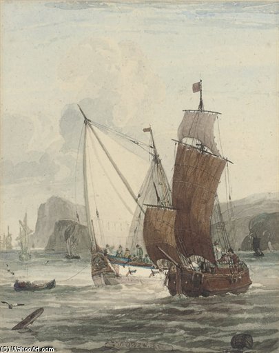 Wikioo.org - The Encyclopedia of Fine Arts - Painting, Artwork by Samuel Owen - An Armed Yacht And Small Traders In Coastal Waters