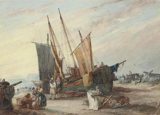 Wikioo.org - สารานุกรมวิจิตรศิลป์ - จิตรกรรม Samuel Owen - Fisherfolk Unloading The Catch On The South Coast