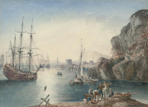 Wikioo.org - สารานุกรมวิจิตรศิลป์ - จิตรกรรม Samuel Owen - Warships Anchored Off The Italian Port Of Leghorn, With Fishermen Unloading Their Catch In The Foreground