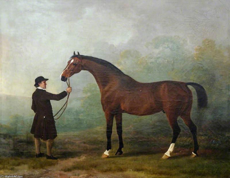 Wikioo.org - The Encyclopedia of Fine Arts - Painting, Artwork by Sawrey Gilpin - 'jason', A Bay Racehorse, With A Groom In A Landscape