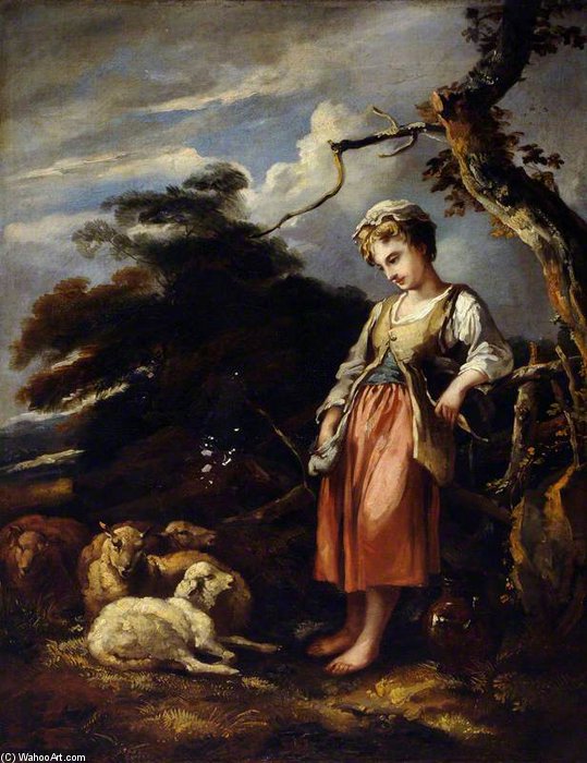 WikiOO.org - Encyclopedia of Fine Arts - Maalaus, taideteos Thomas Barker - A Shepherdess And Sheep