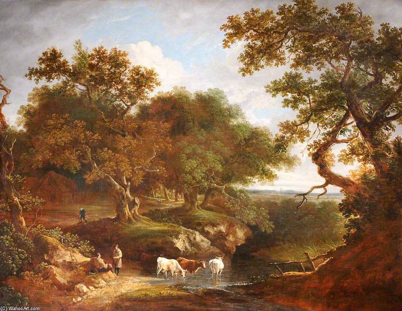 Wikioo.org - The Encyclopedia of Fine Arts - Painting, Artwork by Thomas Barker - Landscape With Cattle Watering And Rustics