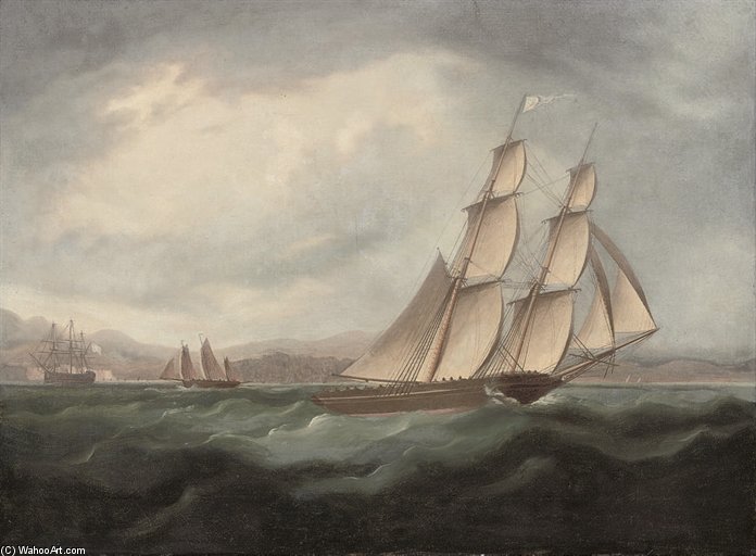 WikiOO.org - Encyclopedia of Fine Arts - Malba, Artwork Thomas Buttersworth - A Brig Running Under Full Sail In The Mediterranean