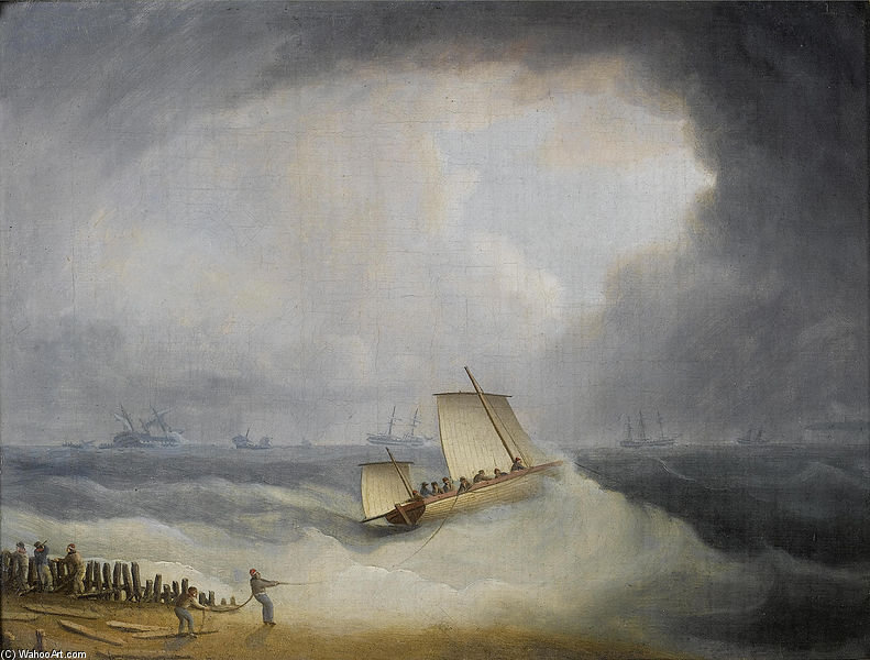 Wikioo.org - The Encyclopedia of Fine Arts - Painting, Artwork by Thomas Buttersworth - A Deal Lugger Going Off To Storm Bound Ships In The Downs