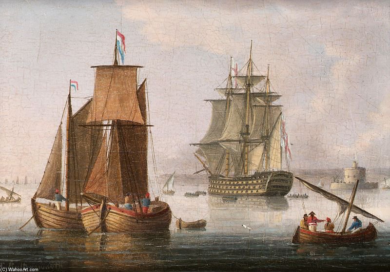 Wikioo.org - The Encyclopedia of Fine Arts - Painting, Artwork by Thomas Buttersworth - A Large First Rate, Said To Be H.M.S. 'victory', Lying Off The Mouth Of The Tagus