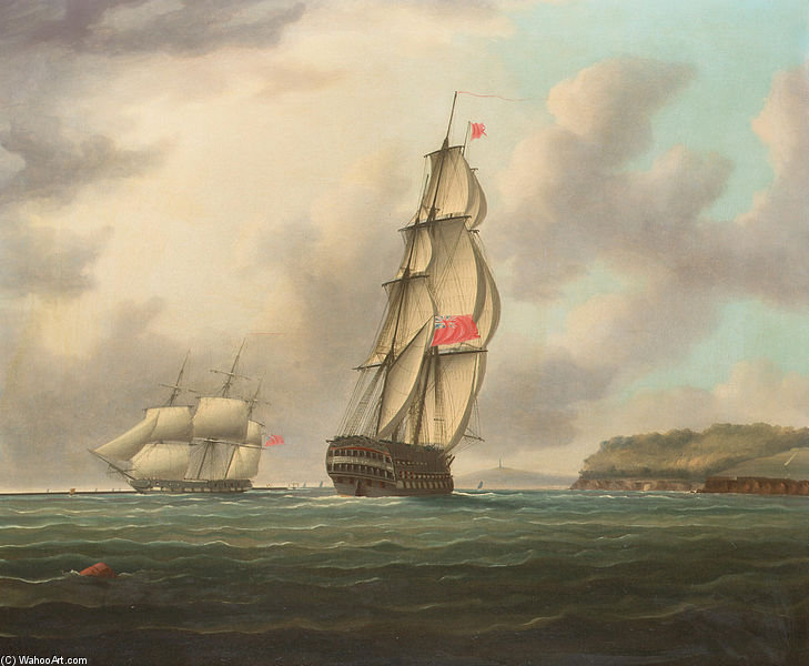 WikiOO.org - 百科事典 - 絵画、アートワーク Thomas Buttersworth - 大型船舶のラインバウンドフリゲートが防波堤を通過するようにプリマス音にヘディング