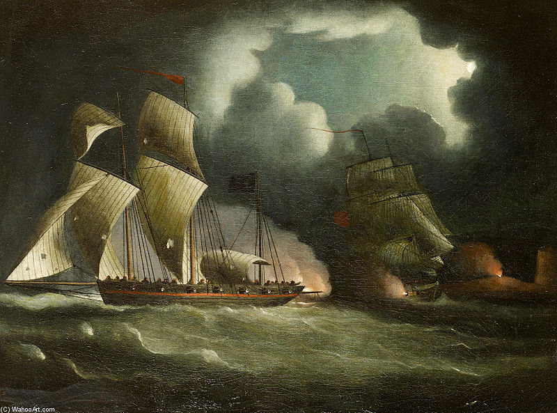 Wikioo.org - The Encyclopedia of Fine Arts - Painting, Artwork by Thomas Buttersworth - A Royal Navy Brig Chasing And Engaging A Well-armed Pirate Lugger