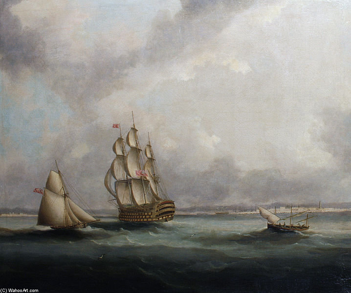 Wikioo.org - The Encyclopedia of Fine Arts - Painting, Artwork by Thomas Buttersworth - A Ship Of The Line Off Cadiz