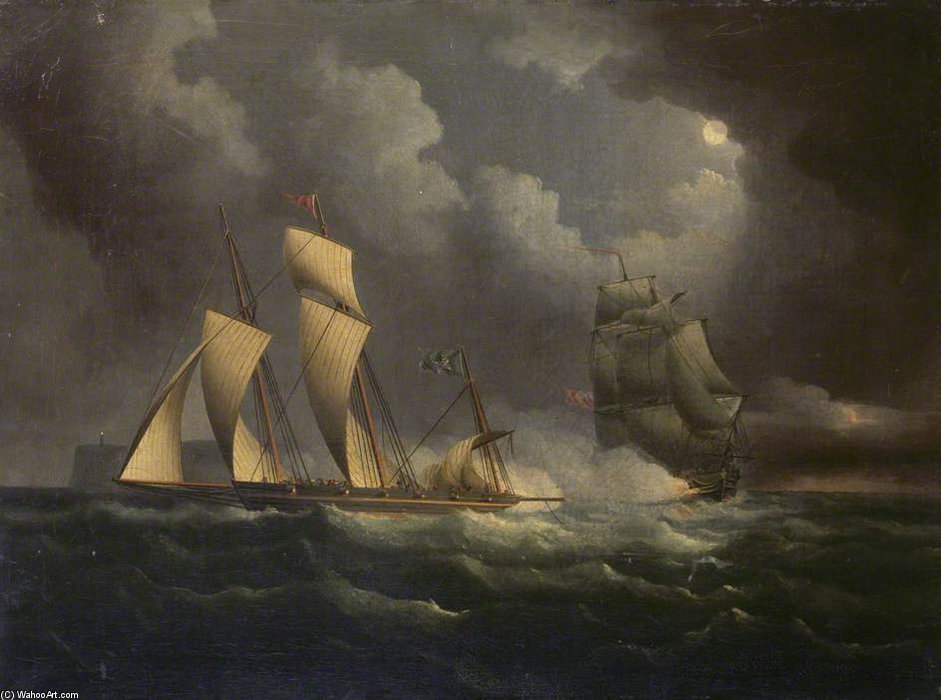 Wikioo.org - The Encyclopedia of Fine Arts - Painting, Artwork by Thomas Buttersworth - A Smuggling Lugger Chased By A Naval Brig