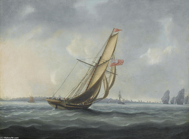 Wikioo.org - The Encyclopedia of Fine Arts - Painting, Artwork by Thomas Buttersworth - A Squadron Of The Fleet Bearing Down The Channel Off The South Coast Of England Towards An On-coming Despatch Cutter