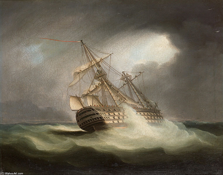 Wikioo.org - The Encyclopedia of Fine Arts - Painting, Artwork by Thomas Buttersworth - H.M.S. 'victory' In Full Sail And In A Squall