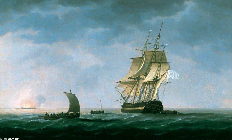 Wikioo.org - The Encyclopedia of Fine Arts - Painting, Artwork by Thomas Buttersworth - Hms 'hindostahn' On Fire, Rosas Bay