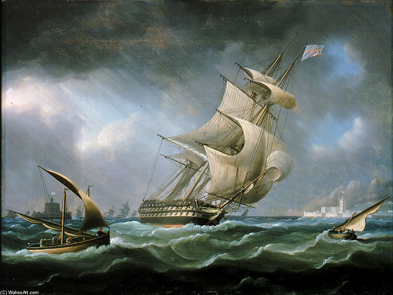 Wikioo.org – L'Encyclopédie des Beaux Arts - Peinture, Oeuvre de Thomas Buttersworth - HMS Warrior large de l embouchure du Tage