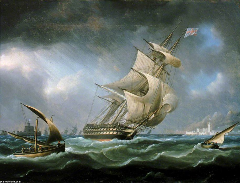 Wikioo.org – L'Encyclopédie des Beaux Arts - Peinture, Oeuvre de Thomas Buttersworth - HMS Guerrier à l embouchure du Tage