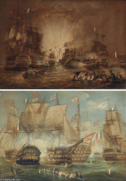 Wikioo.org - The Encyclopedia of Fine Arts - Painting, Artwork by Thomas Buttersworth - The Battle Of The Nile, And The Battle Of Trafalgar