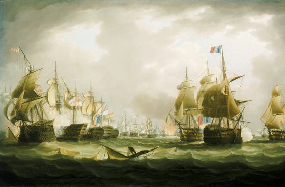 Wikioo.org - The Encyclopedia of Fine Arts - Painting, Artwork by Thomas Buttersworth - The Battle Of Trafalgar, Beginning Of The Action -