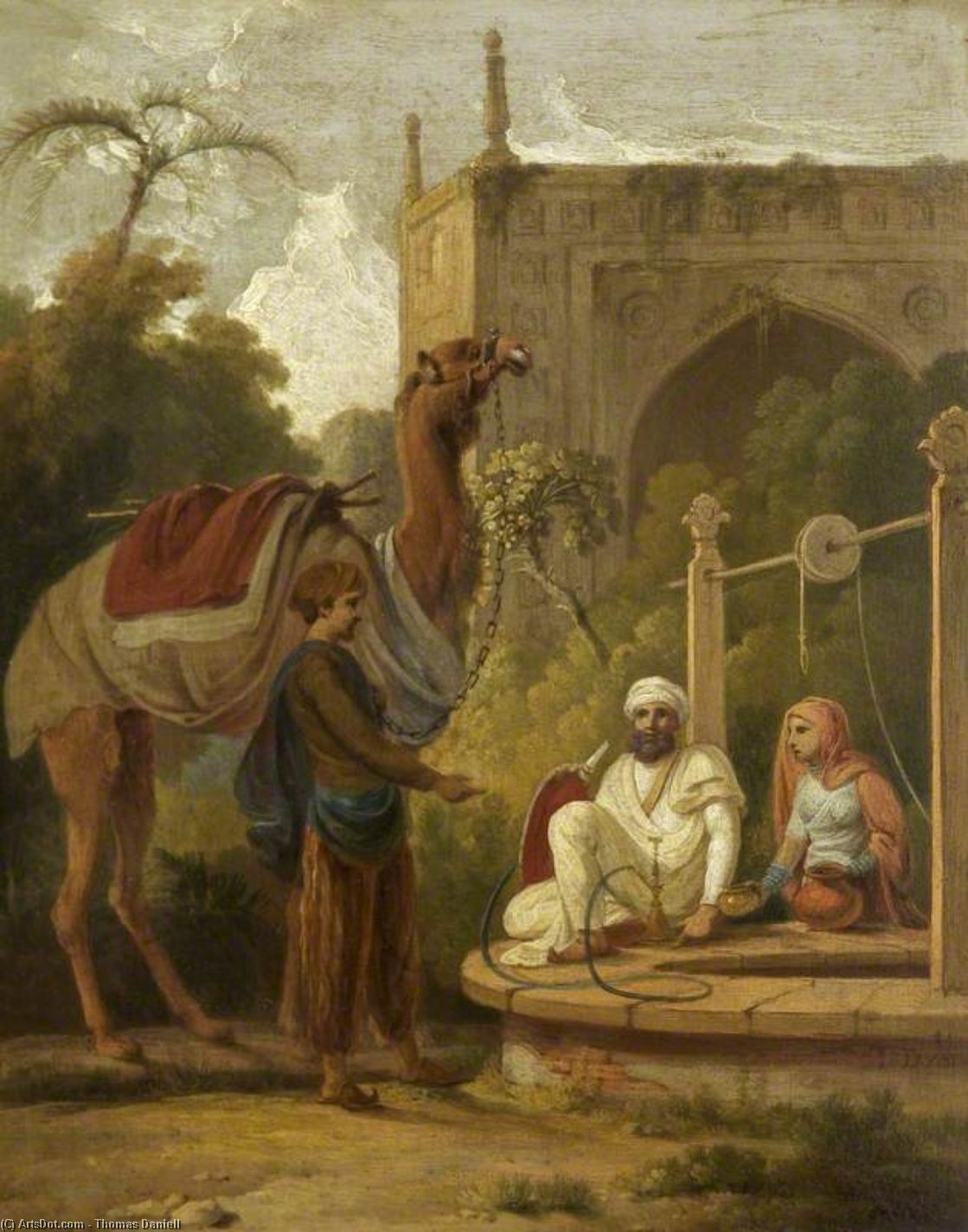 Wikoo.org - موسوعة الفنون الجميلة - اللوحة، العمل الفني Thomas Daniell - Indian Scene - Figures And A Camel At A Well