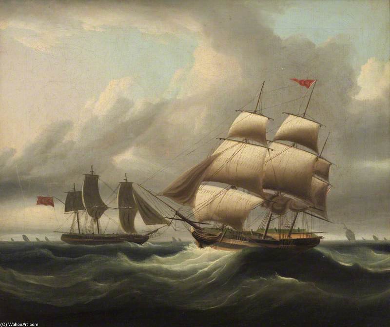 Wikioo.org - The Encyclopedia of Fine Arts - Painting, Artwork by Thomas Luny - A Merchantman Hove To, With A Pilot Cutter Going Off