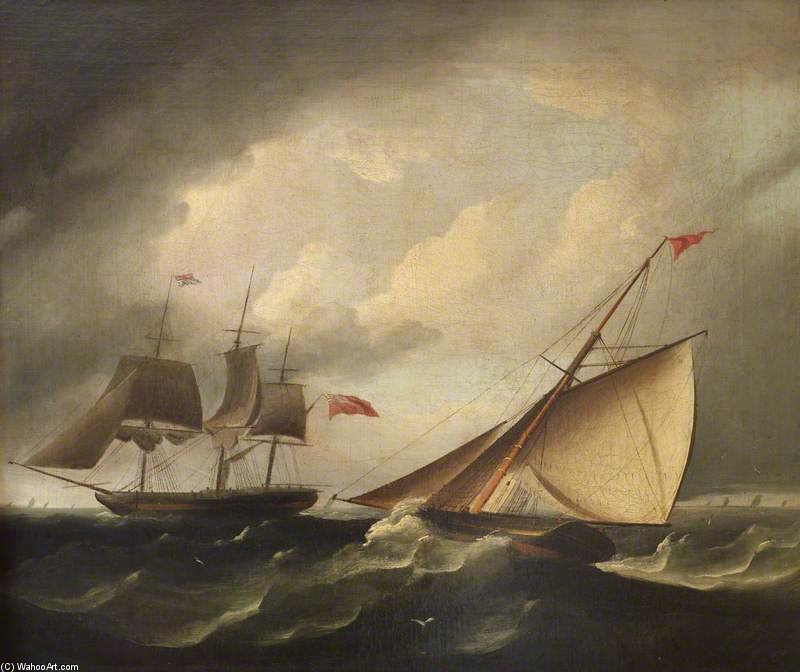 Wikioo.org - The Encyclopedia of Fine Arts - Painting, Artwork by Thomas Luny - A Merchantman Running Before The Wind With A Frigate Hove To