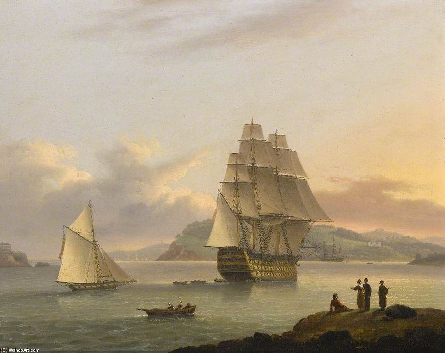 Wikioo.org - The Encyclopedia of Fine Arts - Painting, Artwork by Thomas Luny - A Ship Of The Line Off Plymouth, Devon