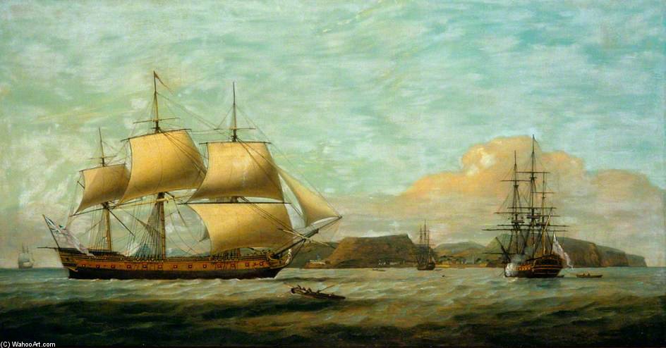 Wikioo.org – La Enciclopedia de las Bellas Artes - Pintura, Obras de arte de Thomas Luny - Indiaman almirante Hughes Off Jamestown, Santa Helena