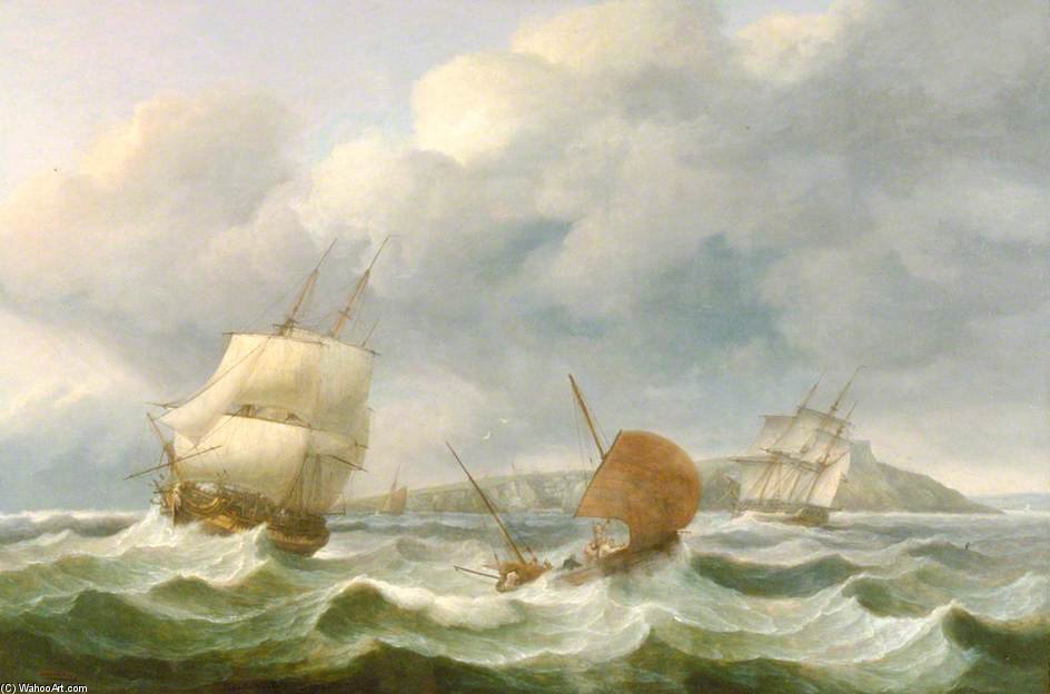 Wikioo.org – La Enciclopedia de las Bellas Artes - Pintura, Obras de arte de Thomas Luny - Fragatas Off Rame Head, Cornualles