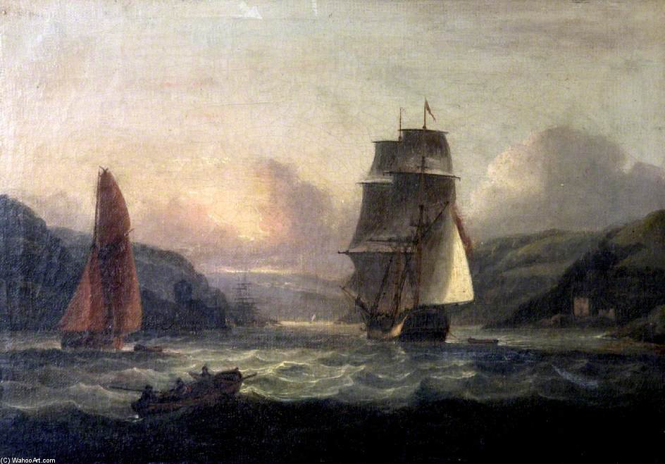 WikiOO.org - Enciklopedija dailės - Tapyba, meno kuriniai Thomas Luny - Mouth Of The Dart With A Merchant Ship Entering
