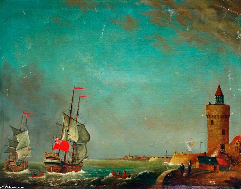 Wikioo.org - The Encyclopedia of Fine Arts - Painting, Artwork by Thomas Luny - Royal Navy Ships Entering A Fortified Harbour
